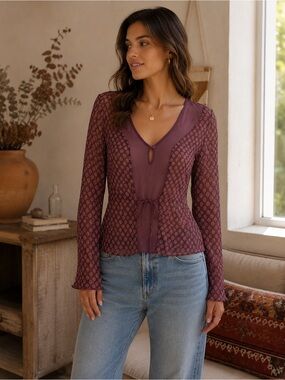 Free People Sheer Mesh Tie Front Boho Top Purple Plum Long Bell Sleeve Small